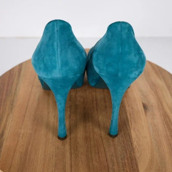 Yves Saint Laurent YSL Tribute Teal Blue Suede Peep Toe Platform Pumps Heels 41 - Picture 3 of 10